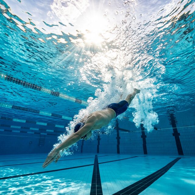 Nadador mergulhando na piscina durante competição de natação